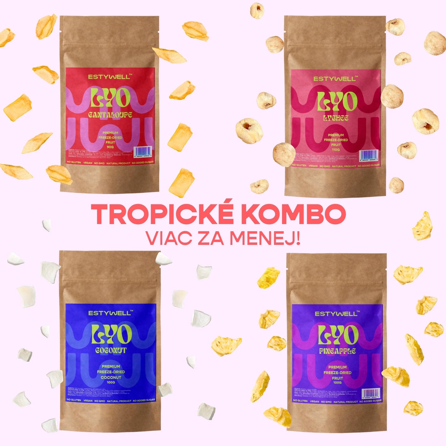 Estywell lyofilizované ovocie tropické kombo 4 ks melón liči kokos ananás freeze dried fruit mix