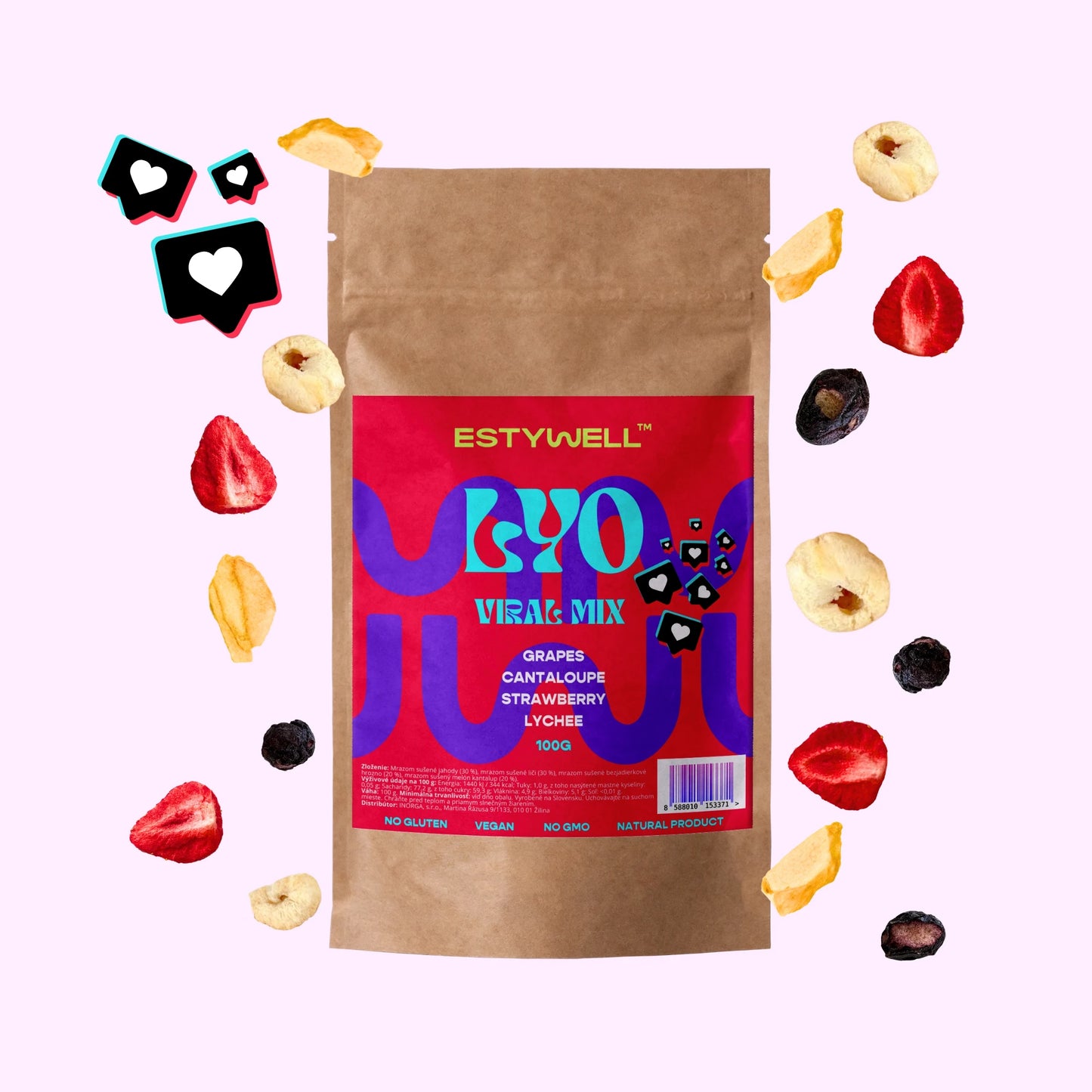 Estywell lyofilizované ovocie mix hrozno melón jahoda liči 100 g freeze dried fruit mix