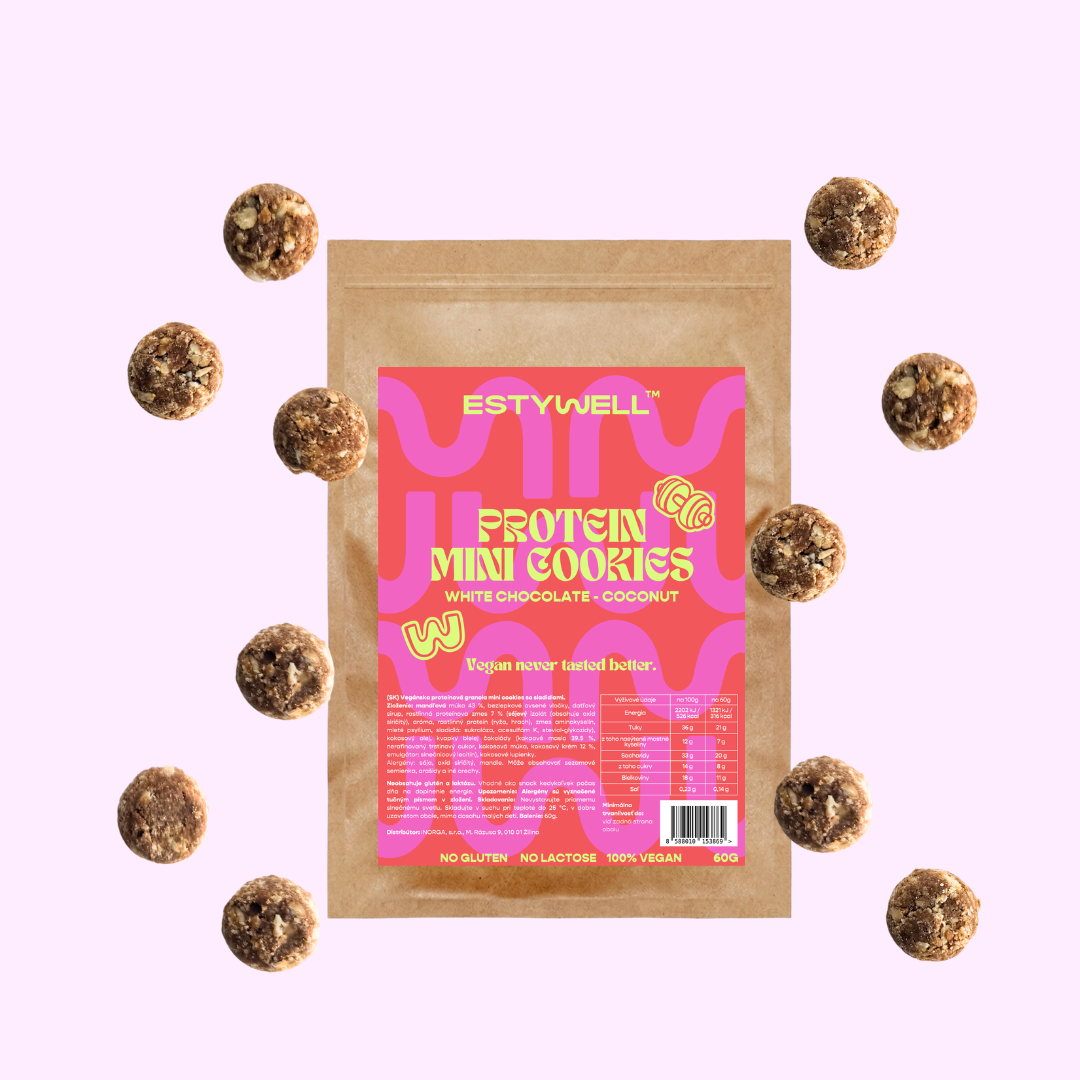 Estywell protein mini cookies s bielou čokoládou a kokosom, chrumkavý vegan snack bez lepku