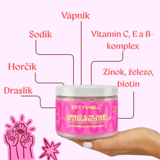 Estywell HYDRAGLOW 2.0 elektrolyty + vitamíny. Zloženie