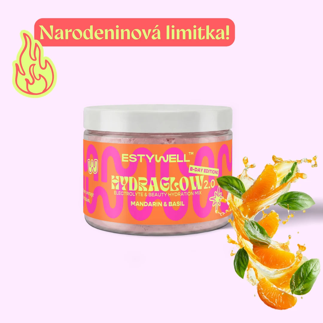 Estywell Hydraglow 2.0 elektrolyty obohatené o vitamíny. Narodeninová limitka - mandarinka & bazalka.