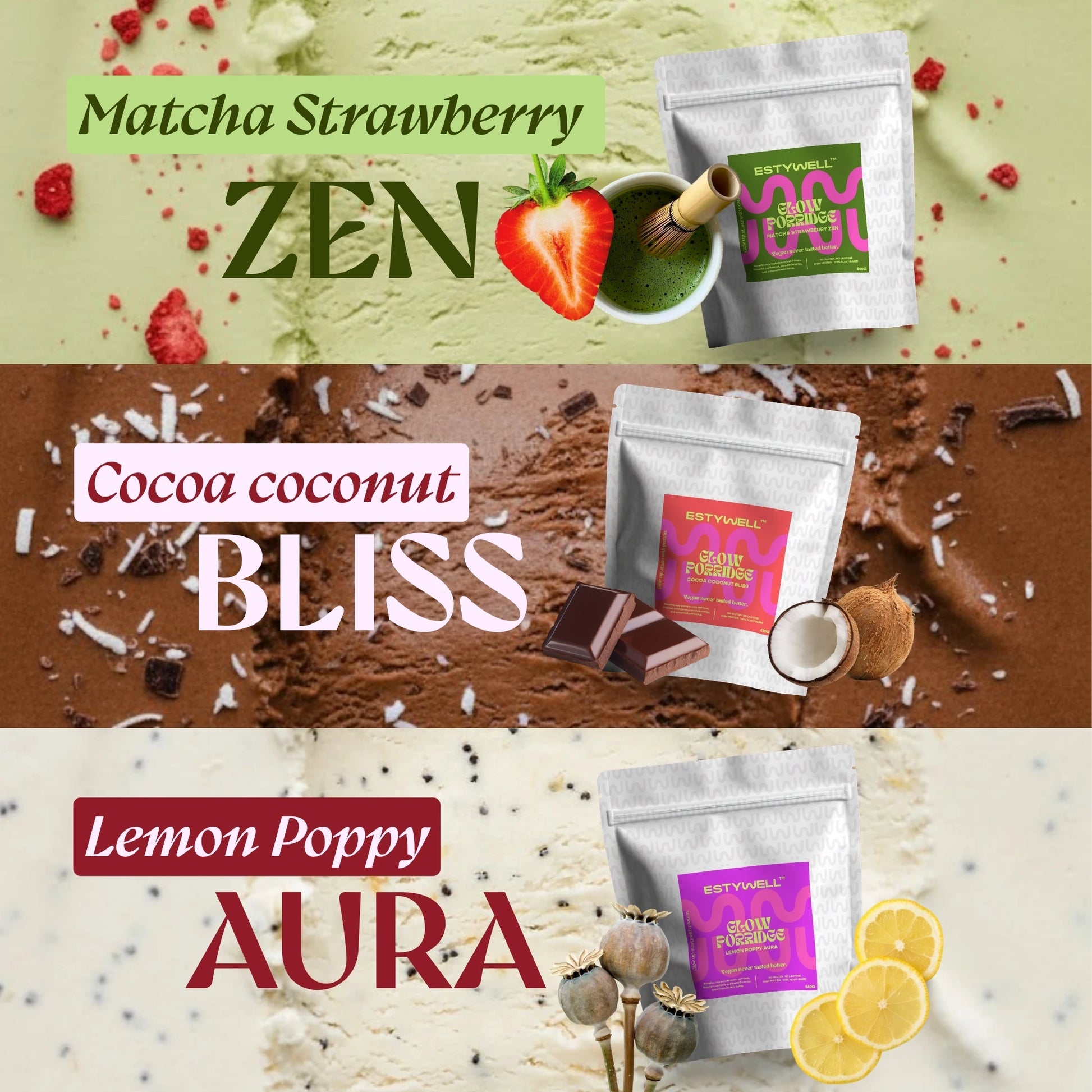 Estywell glow proteínové kaše. Matcha strawberry zen, cocoa coconut bliss, lemon poppy aura