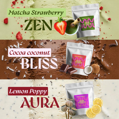Estywell glow proteínové kaše. Matcha strawberry zen, cocoa coconut bliss, lemon poppy aura