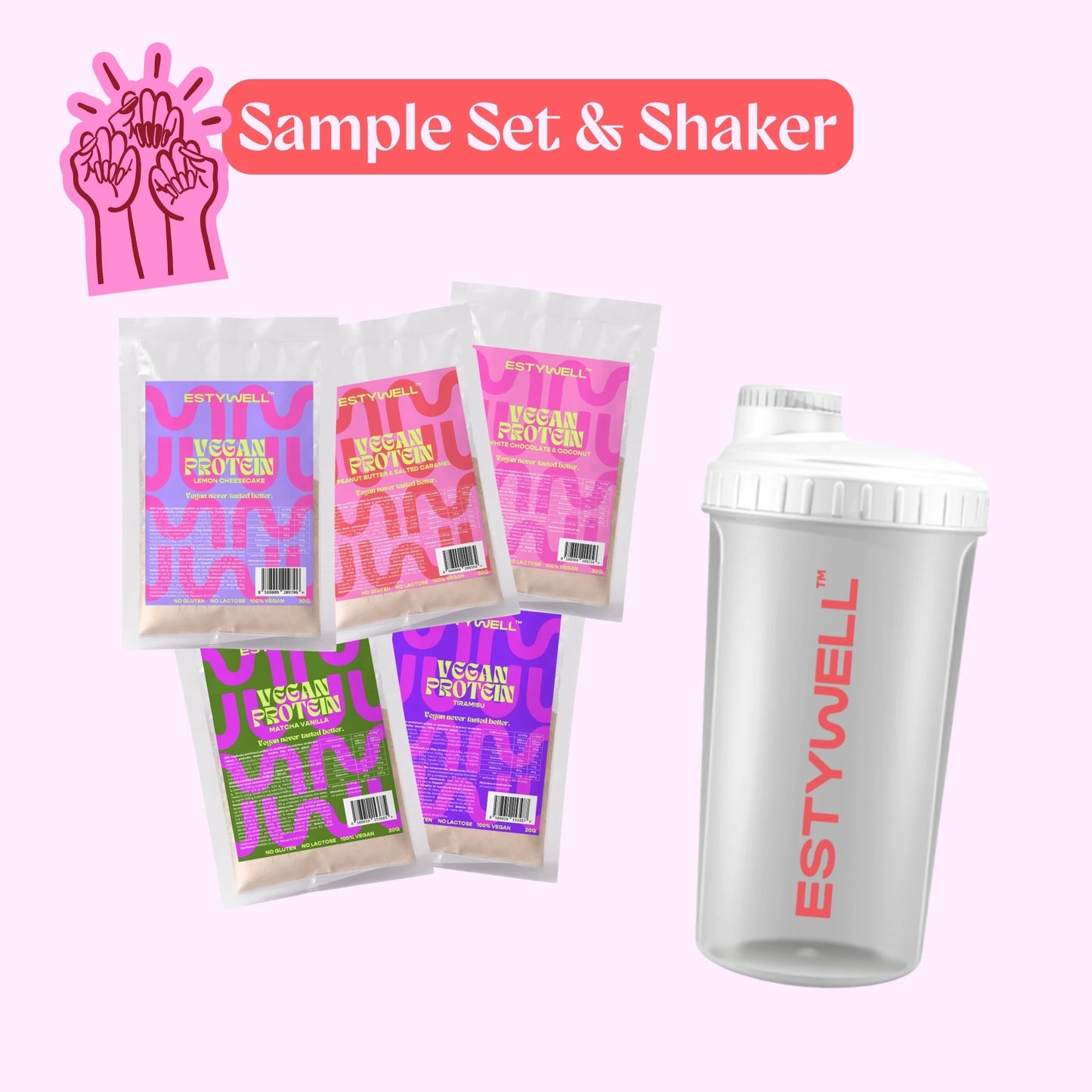 Sample set a shaker - vzorky piatich našich najobľúbenejších proteínov so zvýhodnenou cenou so shakerom.