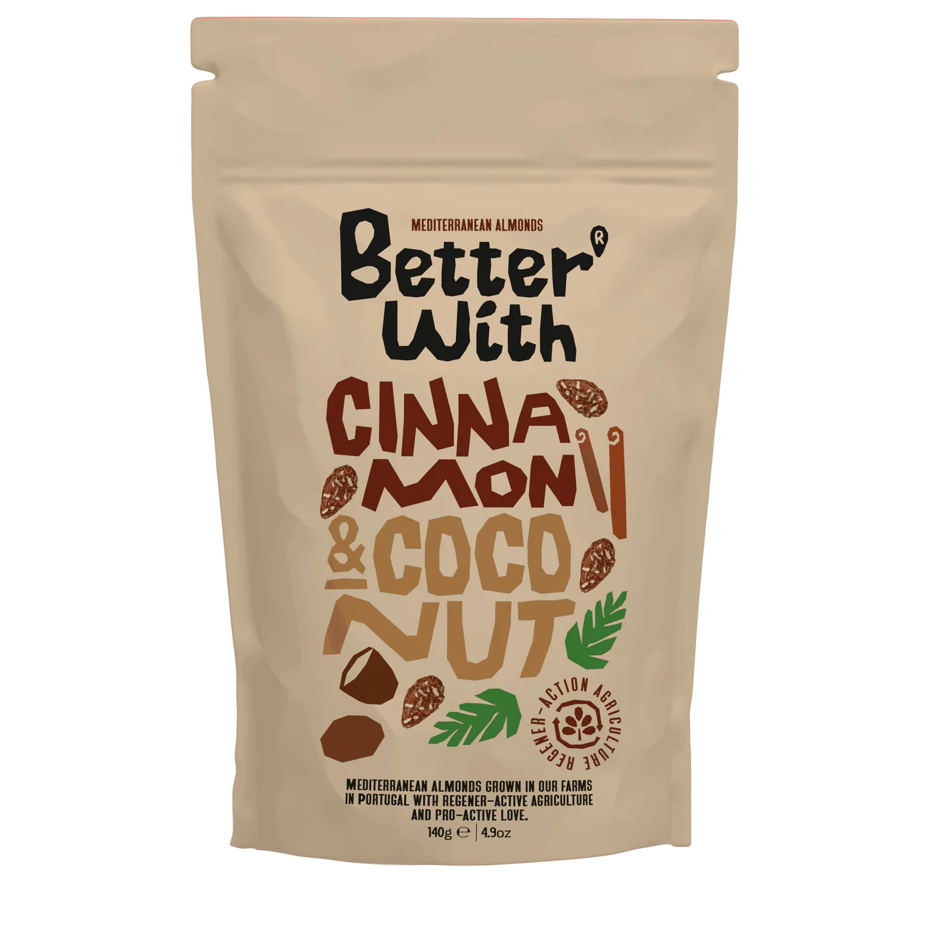 Mandle Better With s kokosom a škoricou 140 g – predná strana balenia