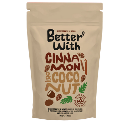 Mandle Better With s kokosom a škoricou 140 g – predná strana balenia