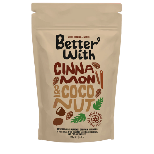 Mandle Better With s kokosom a škoricou 140 g – predná strana balenia