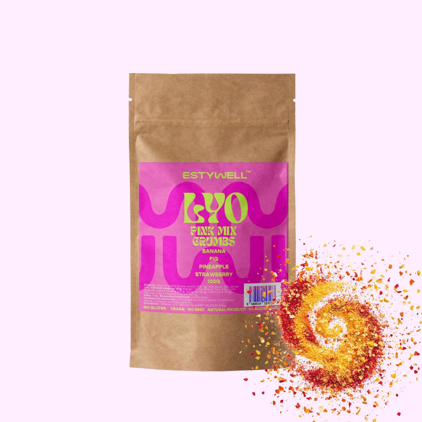 Estywell drť z lyofilizovaného ovocia. Pink mix crumbs.