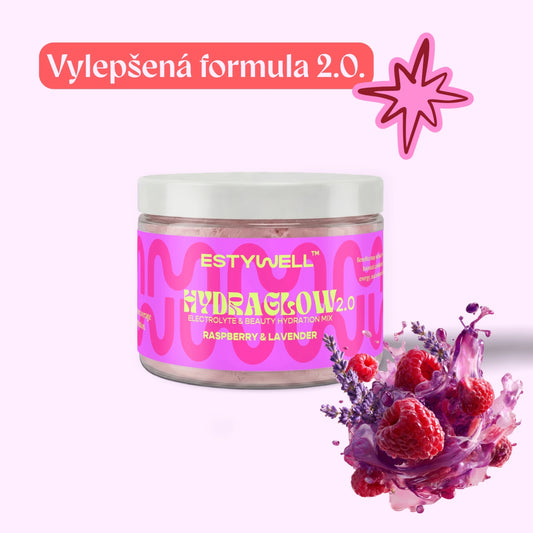 ESTYWELL elektrolyty HYDRAGLOW 2.0 s vitamínami, nová formula, obohatená receptúra Malina & Levaduľa 300 g