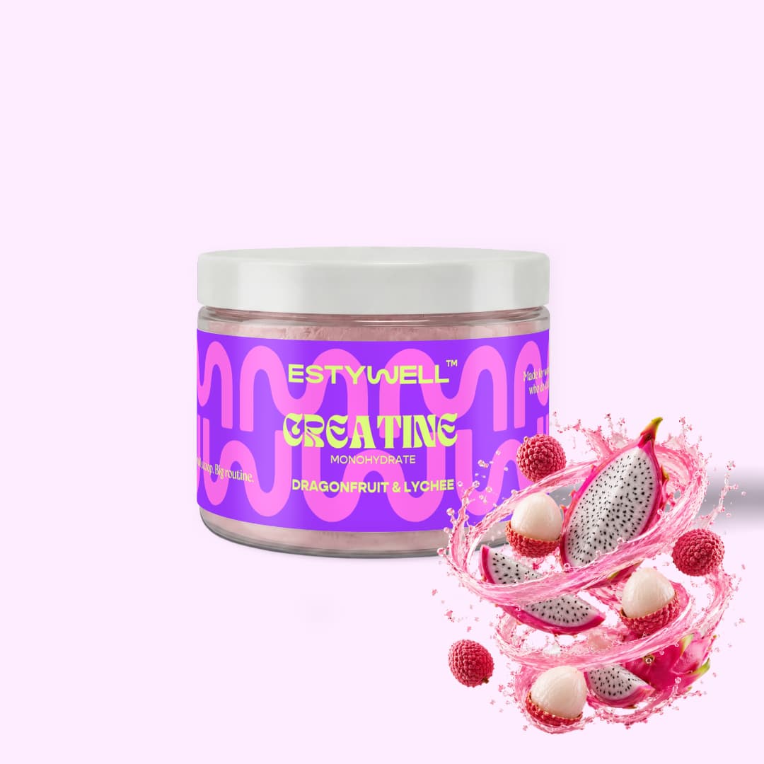 ESTYWELL kreatín monohydrát Dragonfruit & Lychee – ochutený kreatín s príchuťou dragon fruit a liči, výživový doplnok na podporu športového výkonu a regenerácie.