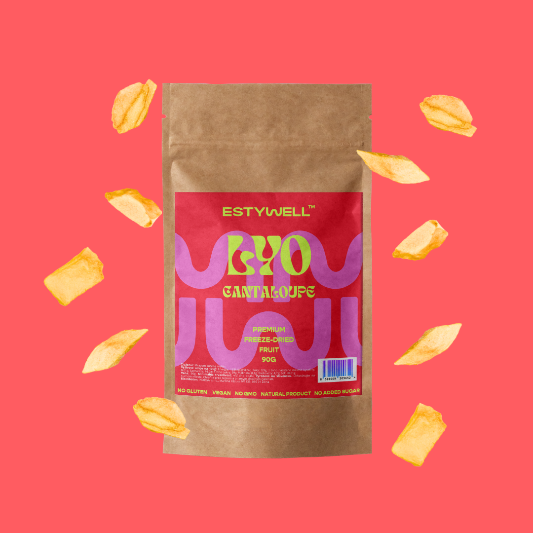 Balenie ESTYWELL lyofilizovaného ovocia melón cantaloupe.