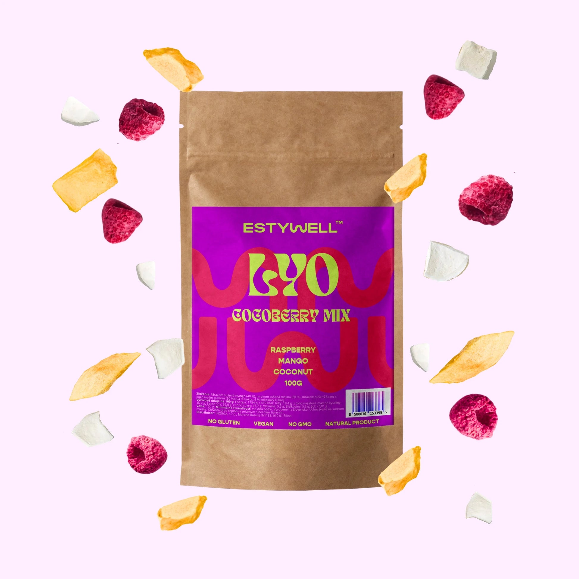 Estywell lyofilizované ovocie mix mango malina kokos 100 g freeze dried fruit mix