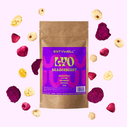 Estywell lyofilizované ovocie mix pitahaya liči malina banán 120 g freeze dried fruit mix