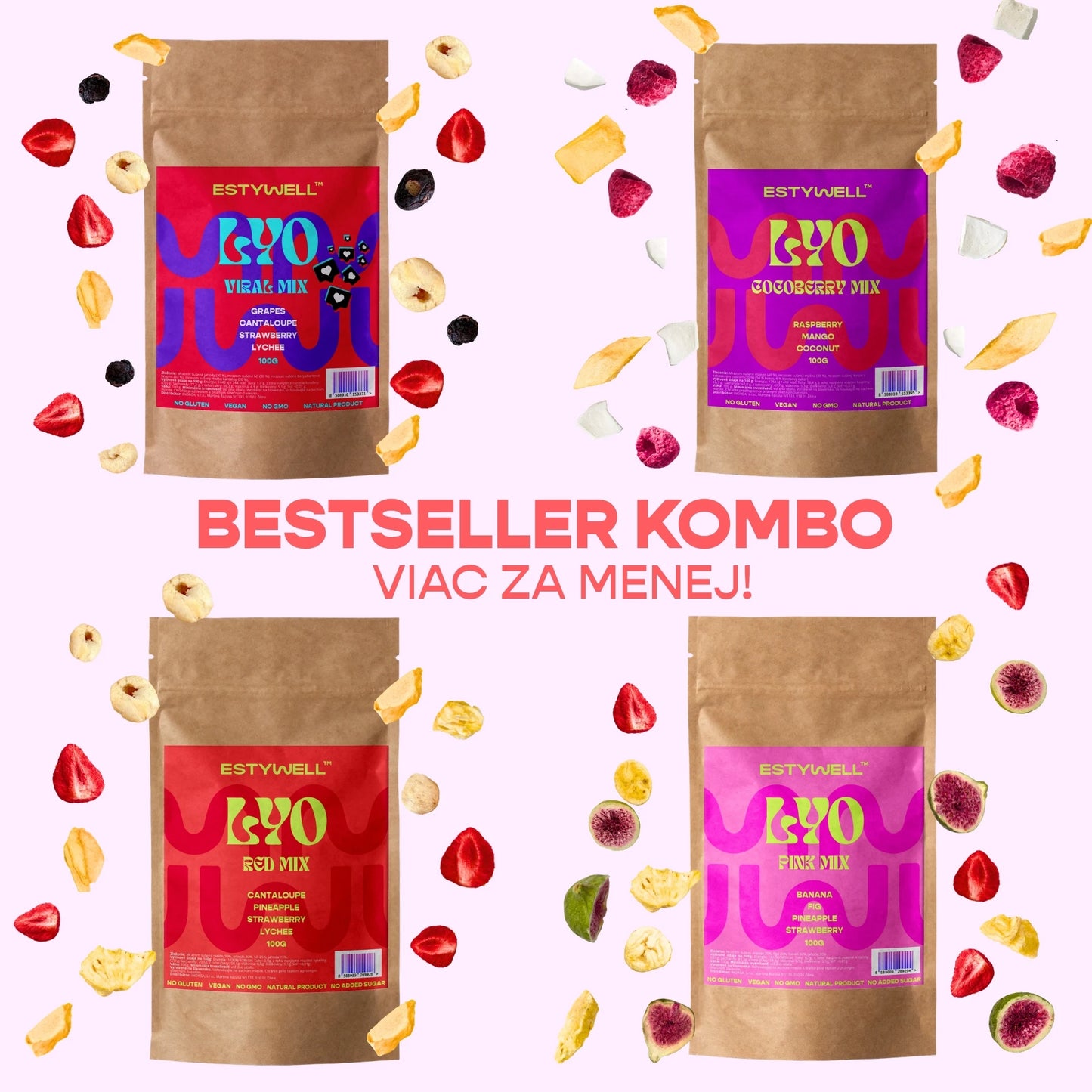 Estywell lyofilizované ovocie mix kombo 4 ks freeze dried fruit mix balenie