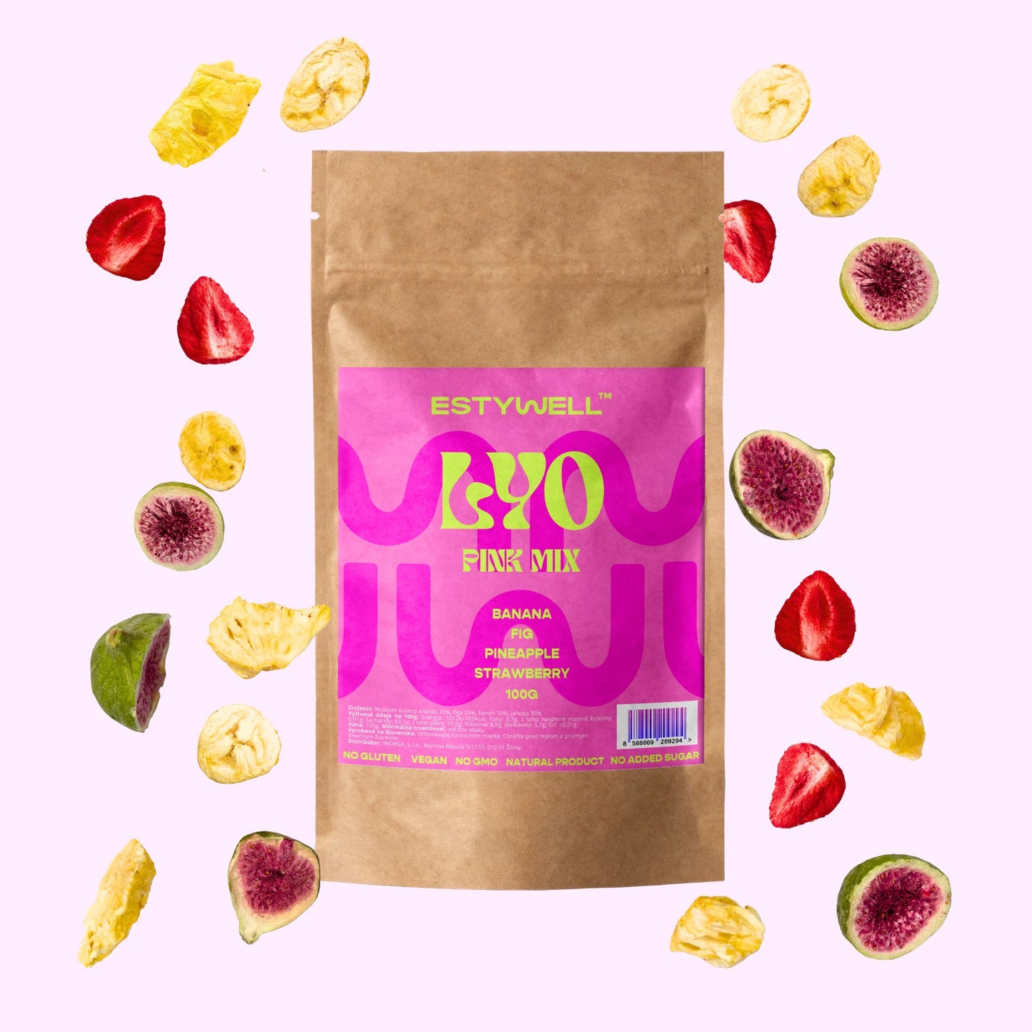 Estywell lyofilizované ovocie mix figa jahoda banán ananás 100 g freeze dried fruit mix
