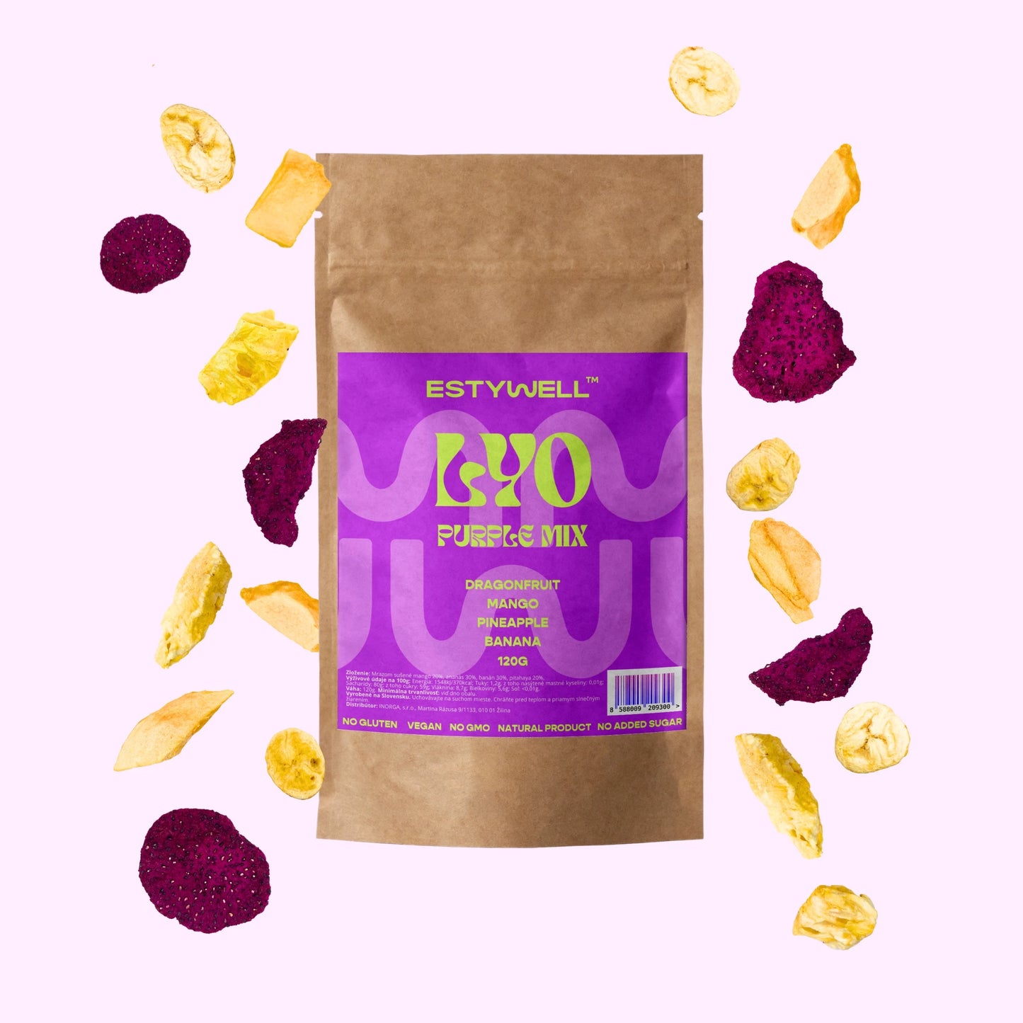 Estywell lyofilizované ovocie mix mango pitahaya banán ananás 120 g freeze dried fruit mix