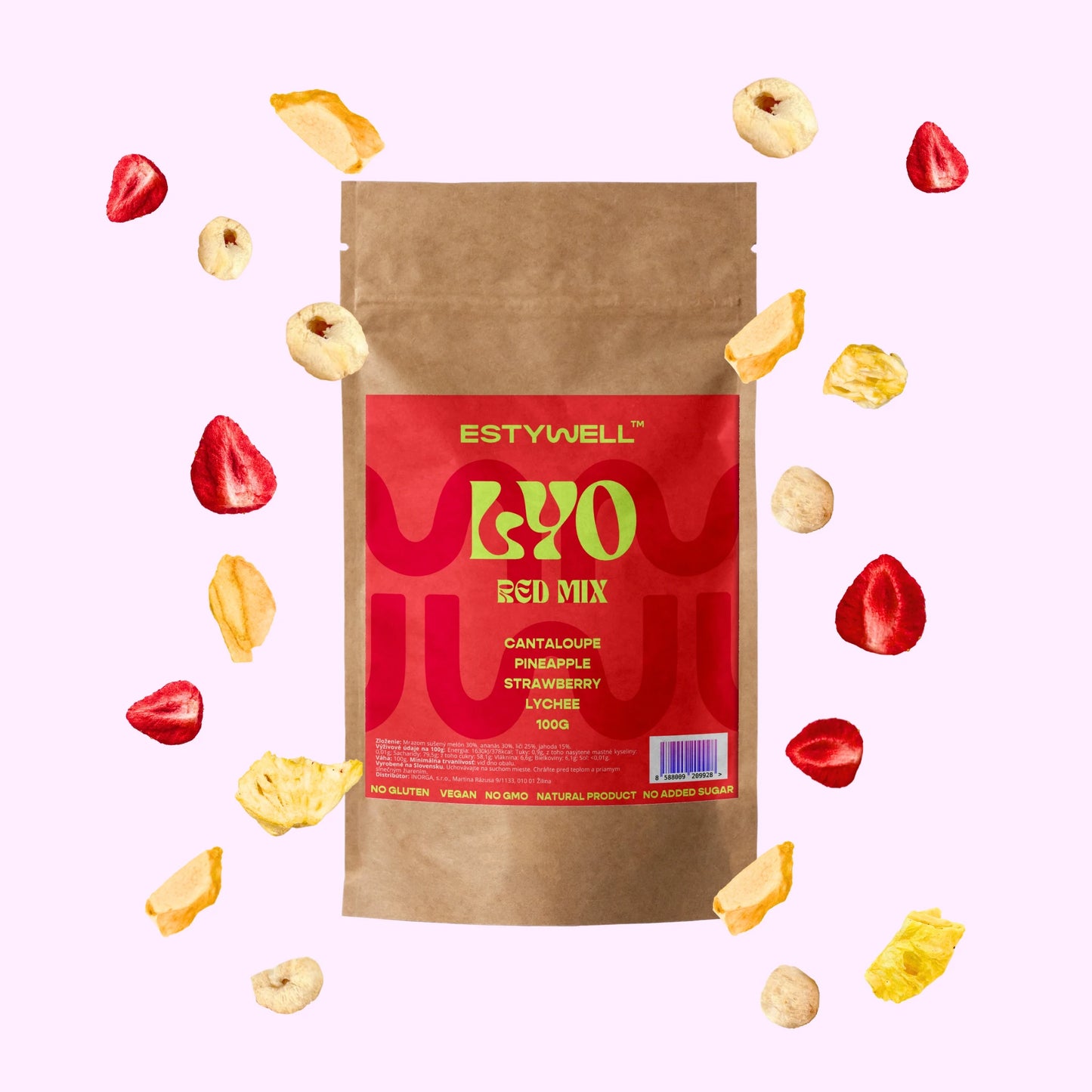 Estywell lyofilizované ovocie mix melón ananás jahoda liči 100 g freeze dried fruit mix