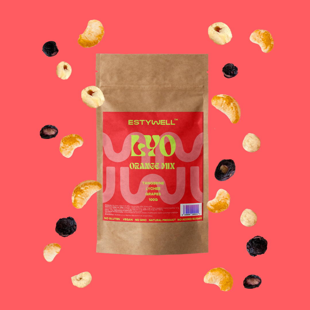 Balenie ESTYWELL lyofilizovaného ovocia Orange mix, ktorý obsahuje mandarinku, liči, hrozno.