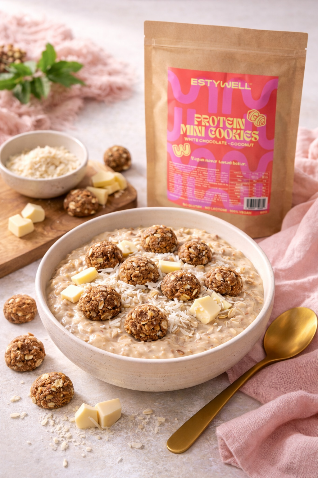 protein mini cookies s bielou čokoládou a kokosom Estywell, chrumkavý vegan snack bez lepku