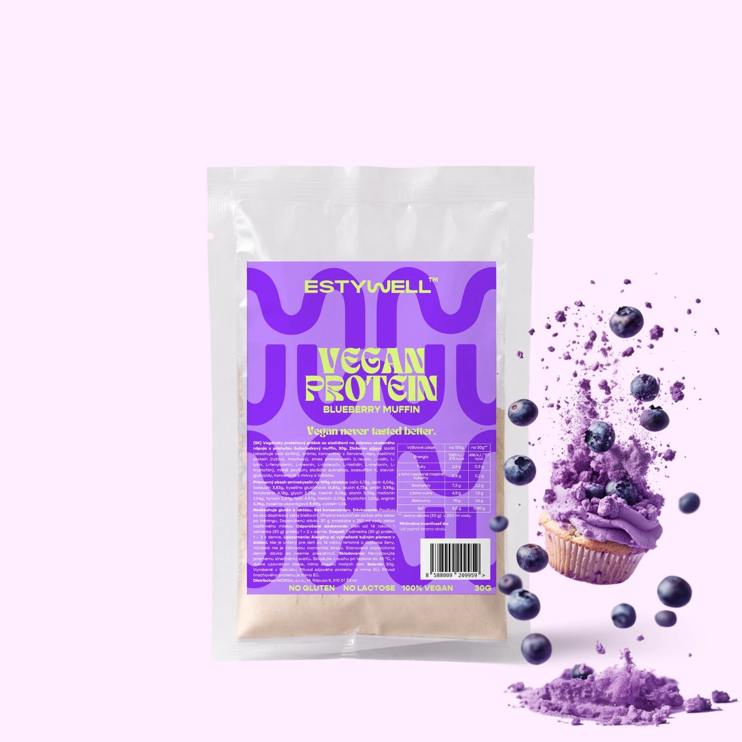 Estywell vegan protein čučoriedkový muffin 30 g rastlinný proteín