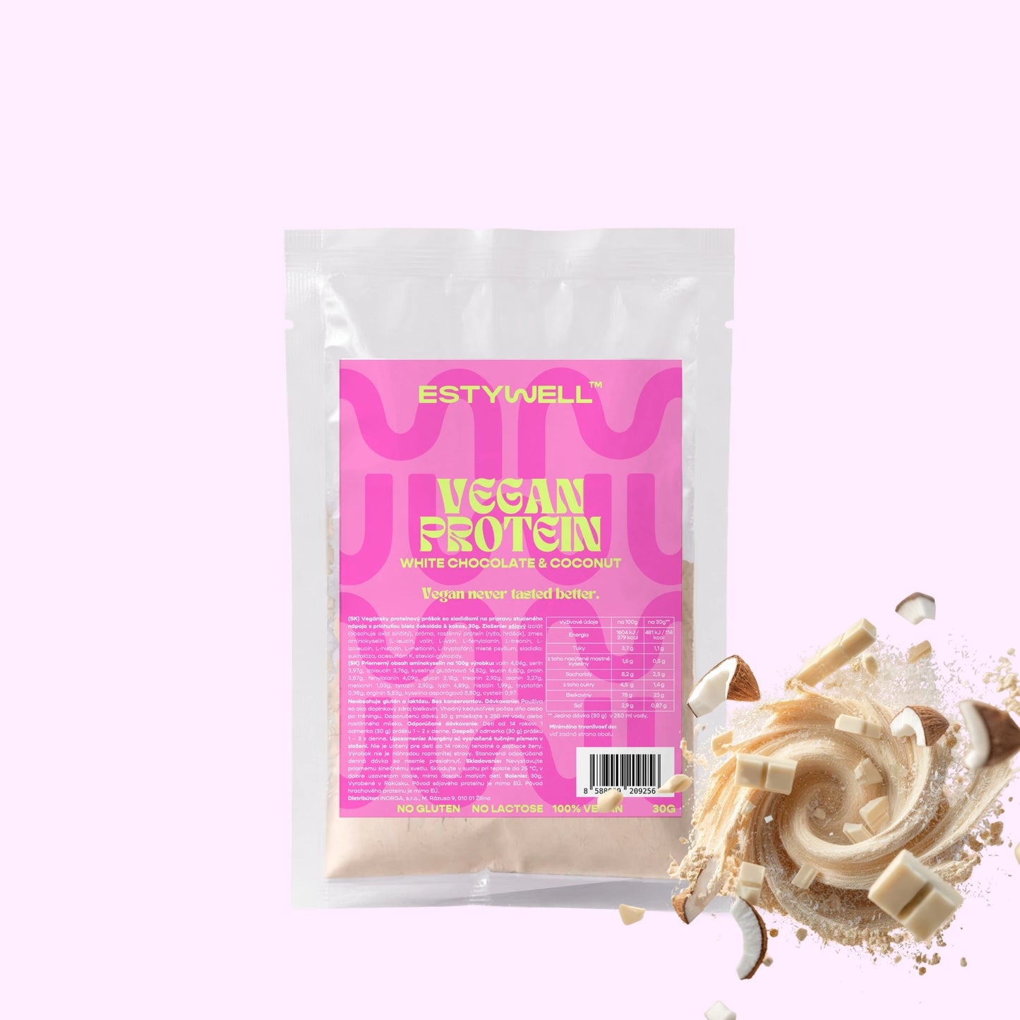Estywell vegan protein kokos biela čokoláda 30 g rastlinný proteín