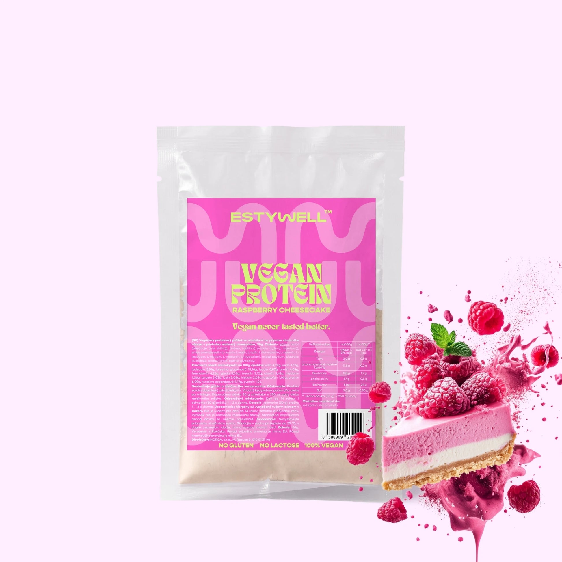 Estywell vegan protein malinový cheesecake 30 g rastlinný proteín