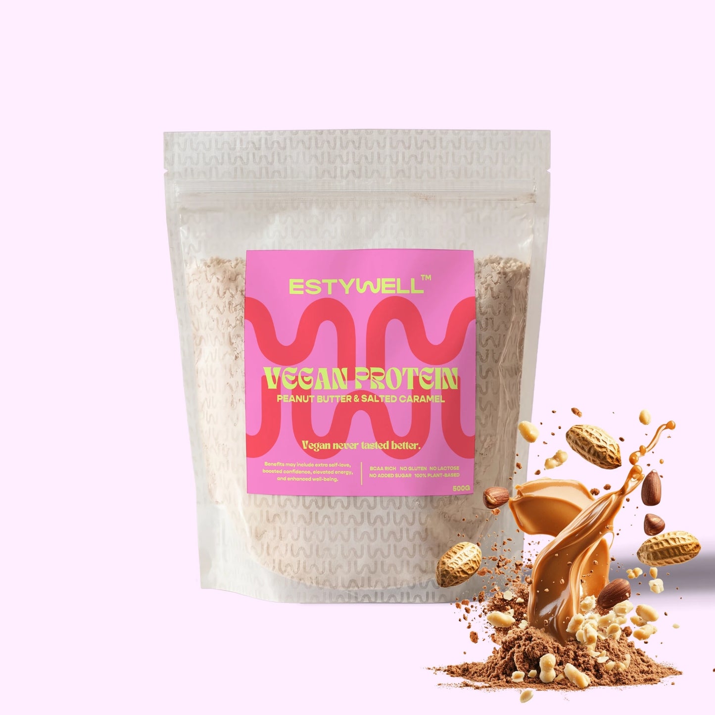 Estywell vegan protein slaný karamel arašidko 500 g rastlinný proteín