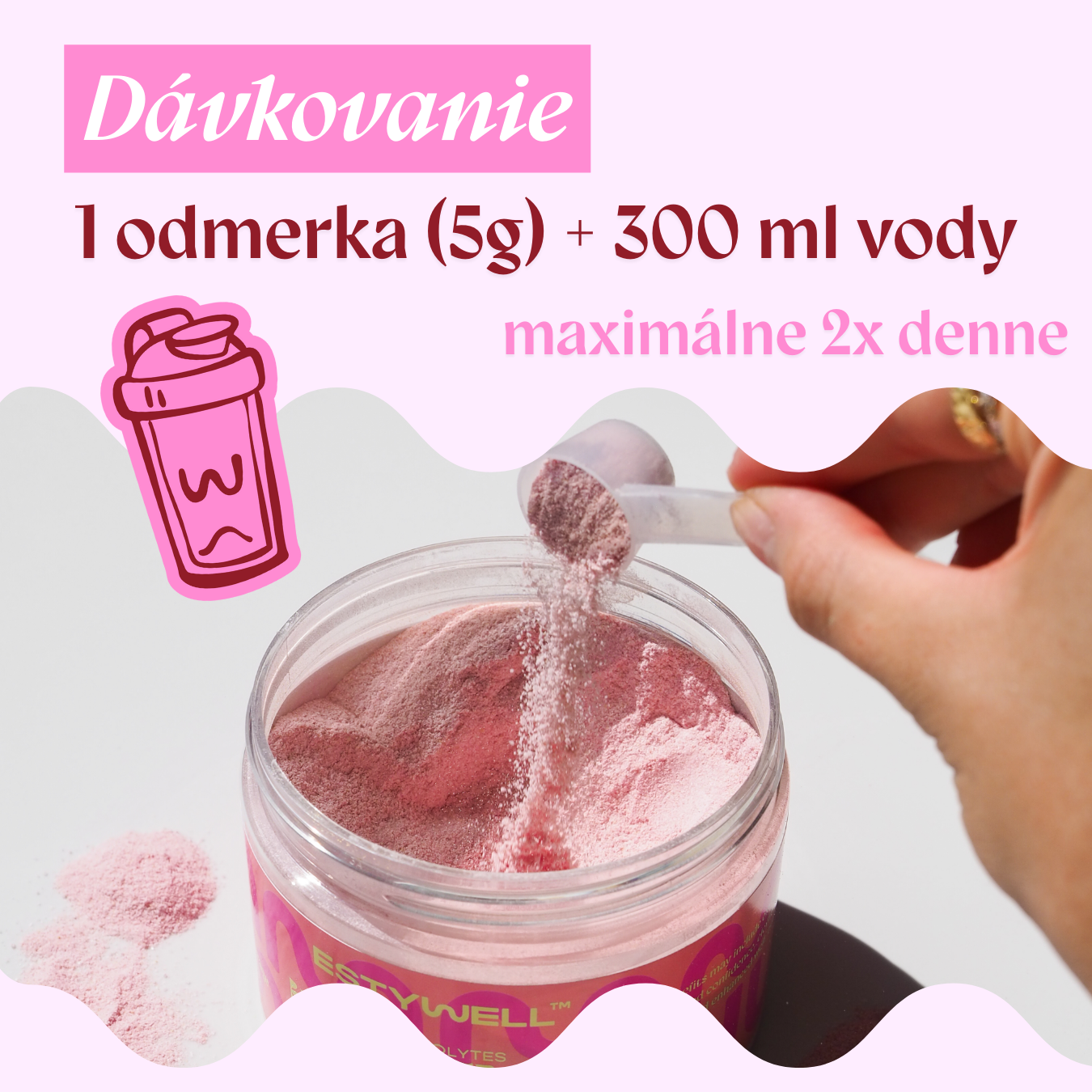 Dávkovanie elektrolytov Hydraglow – 1 odmerka (5 g) rozmiešaná v 300 ml vody, maximálne 2× denne