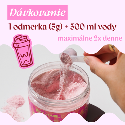 Dávkovanie elektrolytov Hydraglow – 1 odmerka (5 g) rozmiešaná v 300 ml vody, maximálne 2× denne