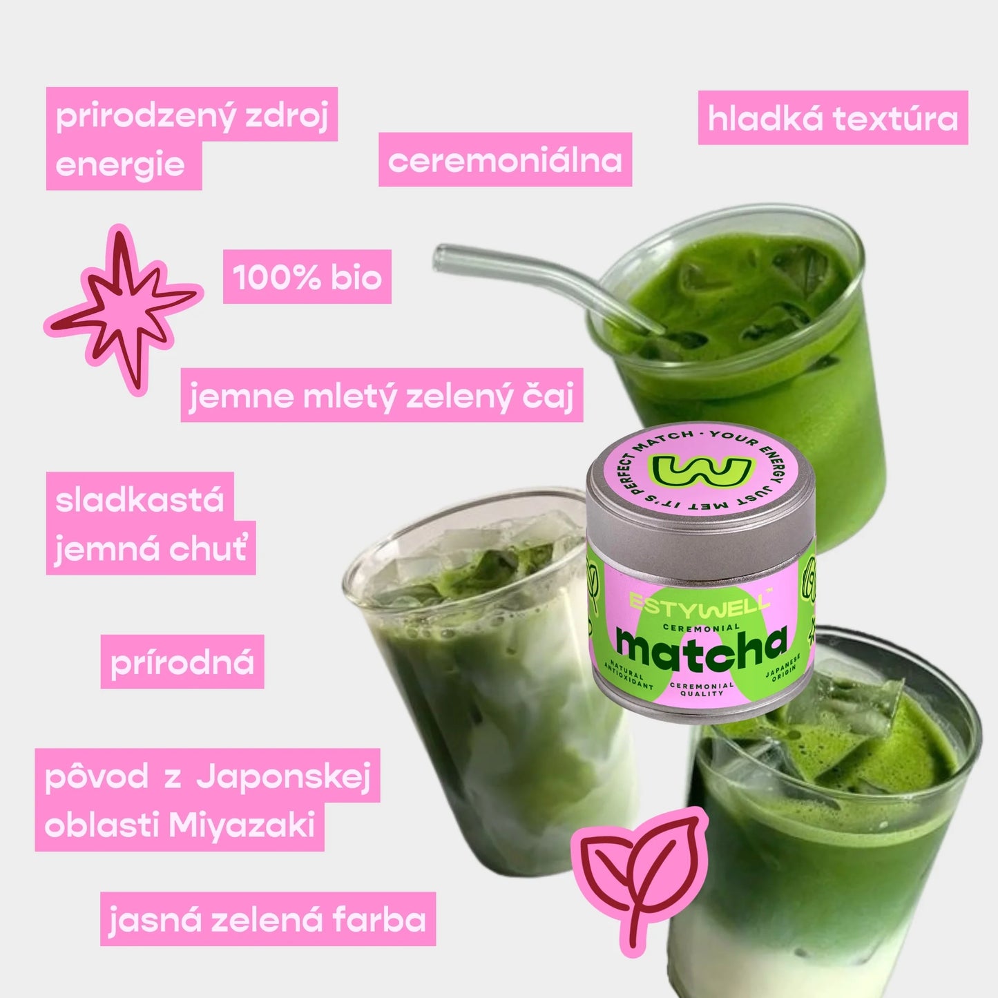 Matcha Estywell ceremoniálna kvalita – jemne mletý zelený čaj s hladkou textúrou a prirodzenou energiou