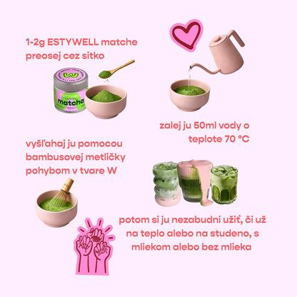 Postup prípravy matcha čaju krok za krokom – preosievanie prášku, zalievanie vodou a miešanie bambusovou metličkou