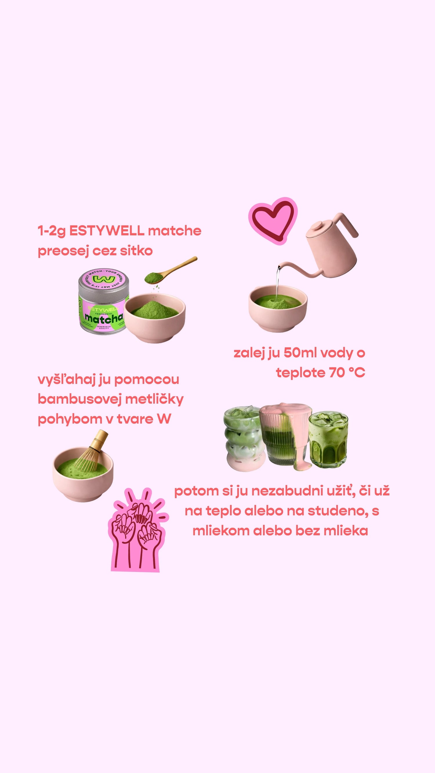 Postup prípravy matcha čaju krok za krokom – preosievanie prášku, zalievanie vodou a miešanie bambusovou metličkou